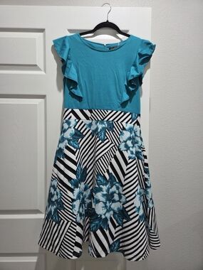 Amazon Teal Flutter Sleeve Midi Dress with Floral Stripe Skirt